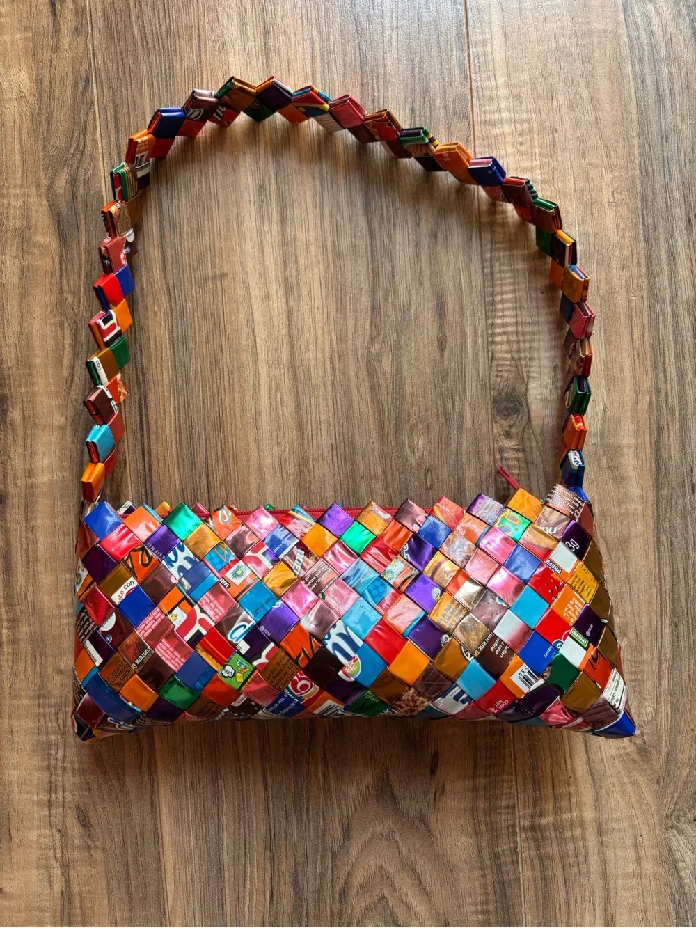 Vintage 1990s Handmade Woven Candy/Gum Wrapper Shoulder Bag Colorful Folk Art